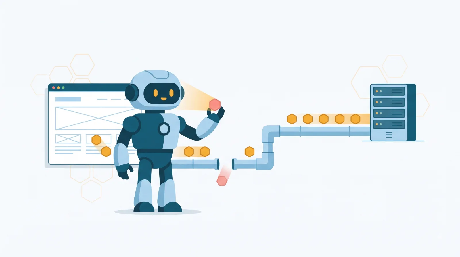 The journey of a Piano Analytics hit, from the site to the collection server, with an agent inspecting the events and spotting the one lost in transit.