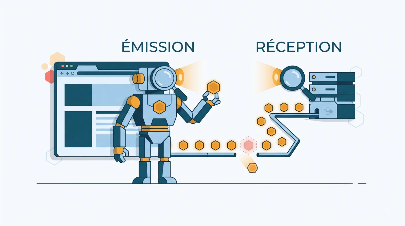 On the left, emission: hits leaving the browser, inspected under a magnifying glass. On the right, reception: hits arriving on the server side, inspected too, with one hit lost in transit between the two.